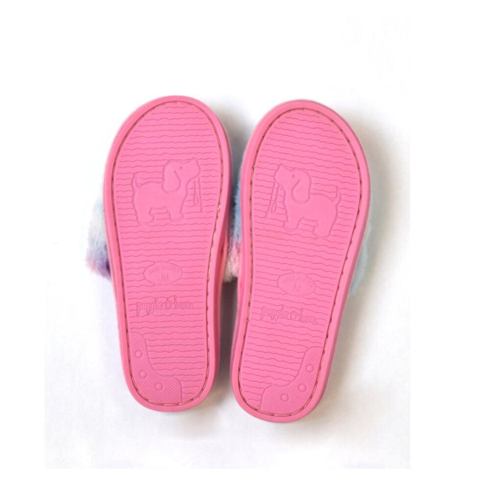 PUPPIE LOVE FAUX FUR SLIDE SLIPPERS, RAINBOW TIE DYE - Picture 2 of 3